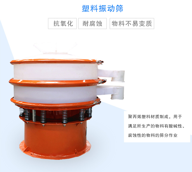 塑料振動篩是采用聚丙烯材料制成的,可以用于酸堿性,腐蝕性物料的篩分作業(yè)
